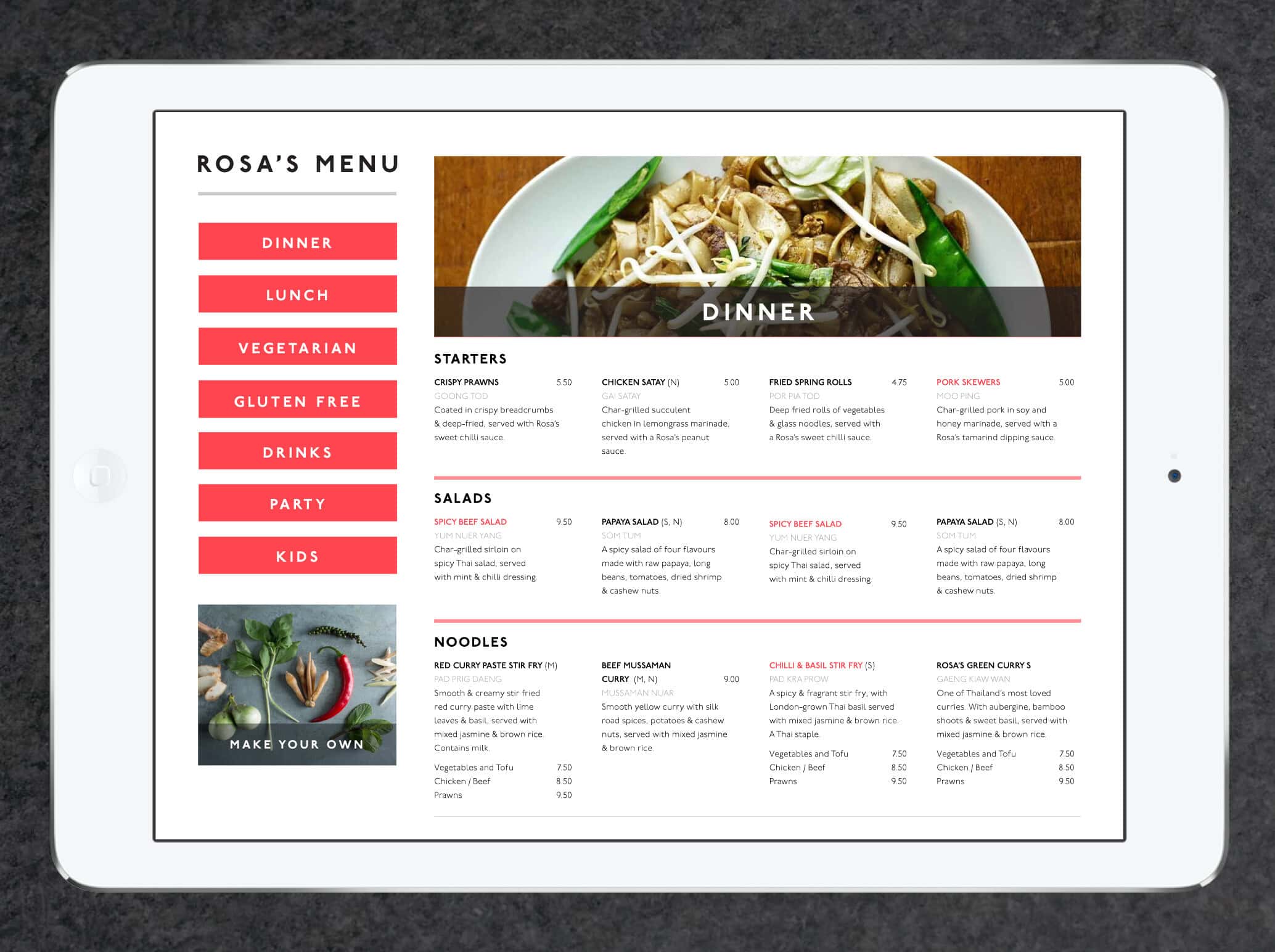Rosa's website menu page on tablet.